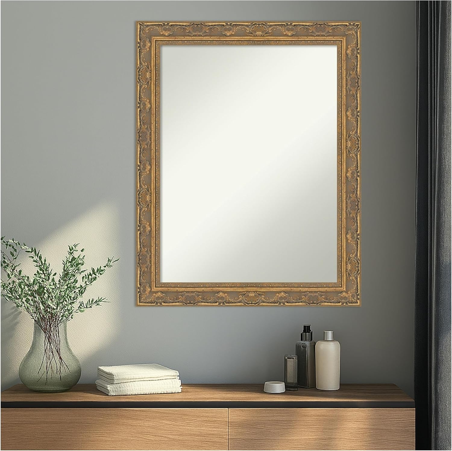 Amanti Art Gold Wall Mirror 28x22 Filigree Gold Rectangle Bathroom Mirror for Wall Decor Living Room, Medium Traditional Frame, Hangs Horizonally and Vertically, Bathroom Decor, Non-Beveled Edge
