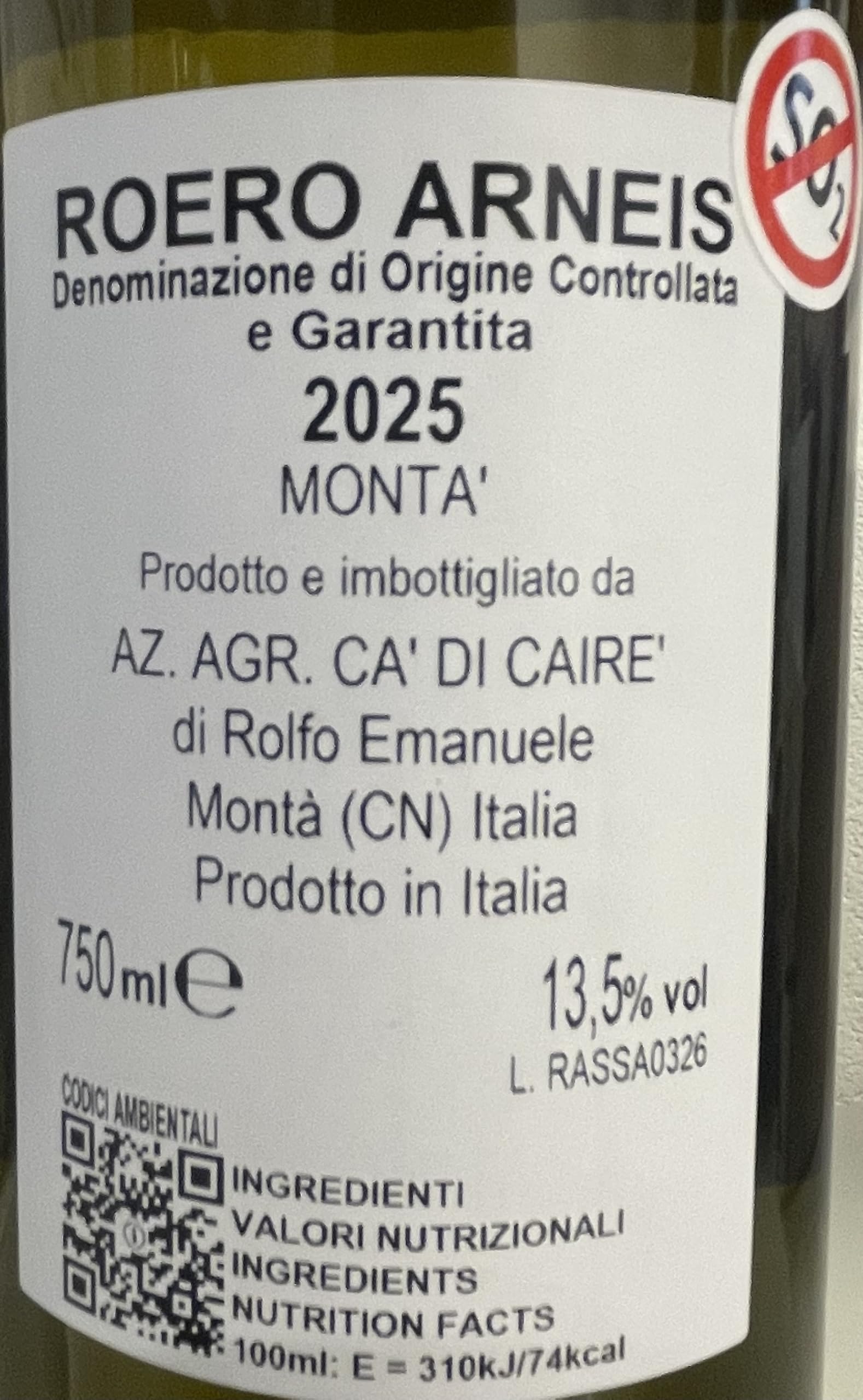 Roero Arneis docg Sabie 2025 senza solfiti aggiunti conf da 6 bott | vino senza solfiti aggiunti