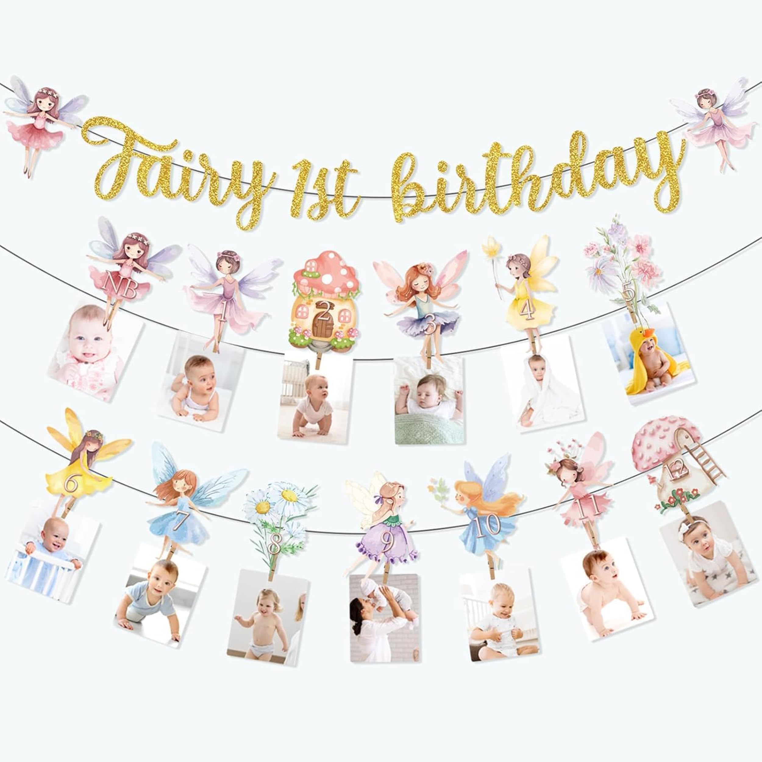 Tazuxetuqe Fairy First Birthday Glitter Banner And Monthly Photo Garland – One Fairy Tale Initial Celebration Party Decorations With Twelve Pictures