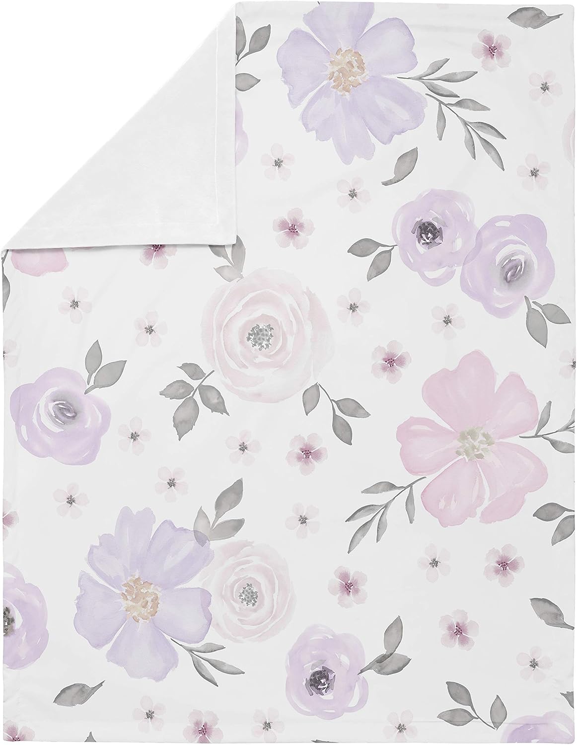 Sweet Jojo Designs Shabby Chic Rose Flower Watercolor Floral Baby Girl Receiving Security Swaddle Blanket for Newborn or Toddler Nursery Car Seat Stroller Soft Minky - Lavender Purple, Pink and Grey