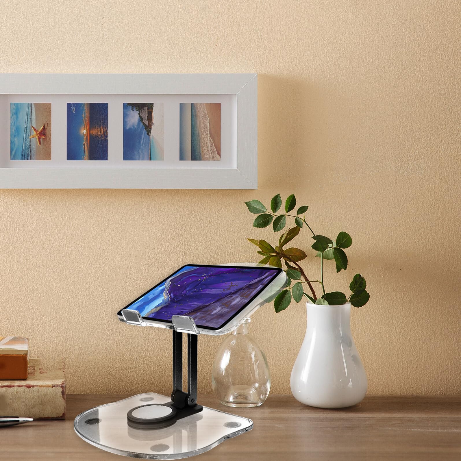 Soporte Ajustable Plegable para Tabletas y Móviles de Acrílico Resistente para Escritorio, Diseño Compacto Giratorio, Uso Ergonómico para Oficina y Hogar, Color Negro