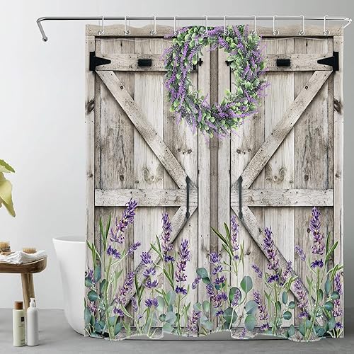 Cortina de ducha con puerta de granero occidental para baño, lavanda púrpura y verde corona de eucalipto en tableros de madera rústica, cortina de