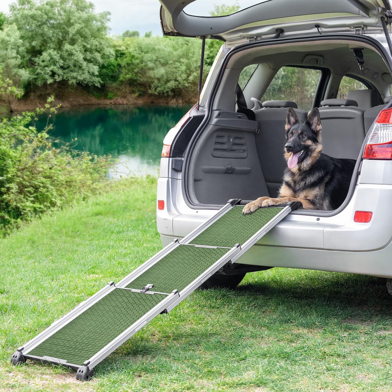 Hunderampe Auto Klappbar - Stabile und rutschfeste Hundeleiter Auto & SUV bis zu 90kg Belastbar - Teleskop Alu Rampe für große Hunde - Reflektierende Seiten - Hundetreppe - Befestigungsclip - Grün