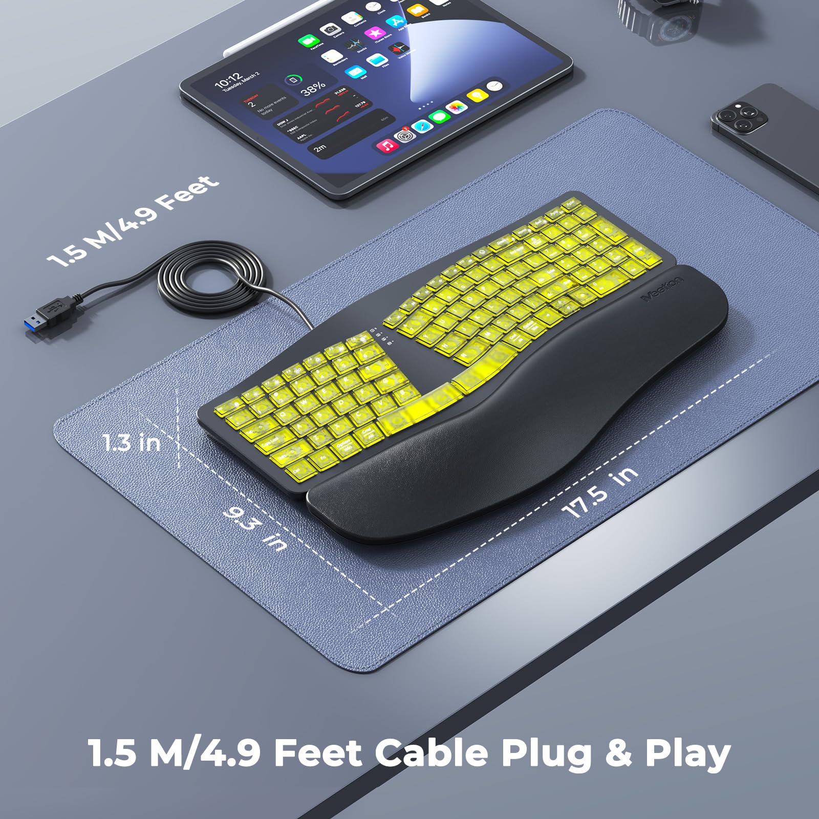 MEETION Tastiera ergonomica cablata, retroilluminazione trasparente a 7 colori, 4 luminosità, 1 retroilluminazione RGB respiratoria, cuscino poggiapolsi, adattatore USB-A/USB-C, tastiera Ergo per