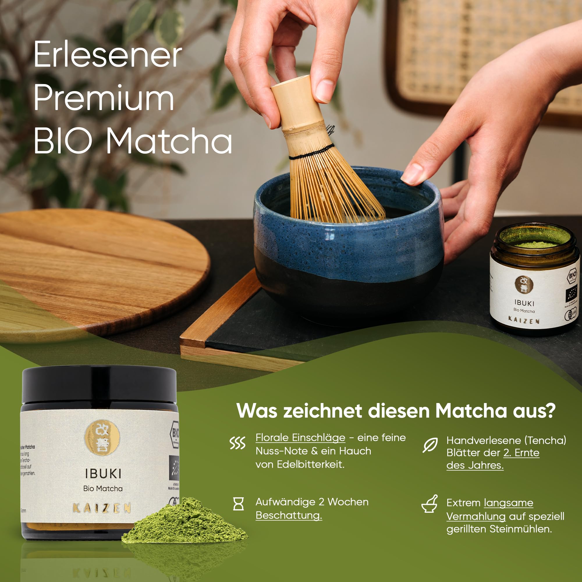 Kaizen® Ibuki Matcha Set - erlesener Premium Bio Matcha-Tee, handgefertigte Chawan-Teeschale, Besen & Löffel - Komplett-Set für Einsteiger und Kenner
