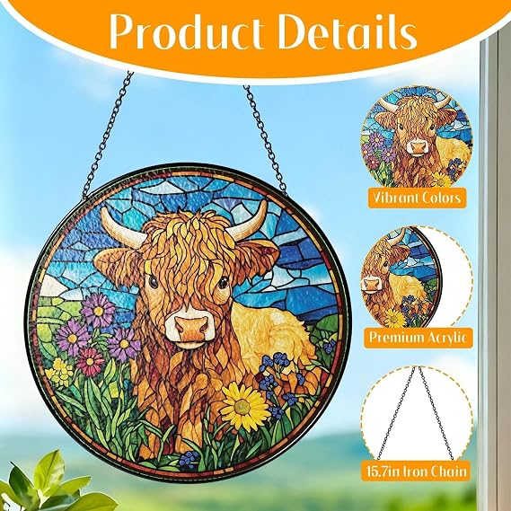 Highland Cow Sun Catcher, Colorful Acrylic Window Hanging Decor, Stained Glass Style Highland Cow Ornament for Home, Garden, Balcony, Gift for Animal Lovers (B)