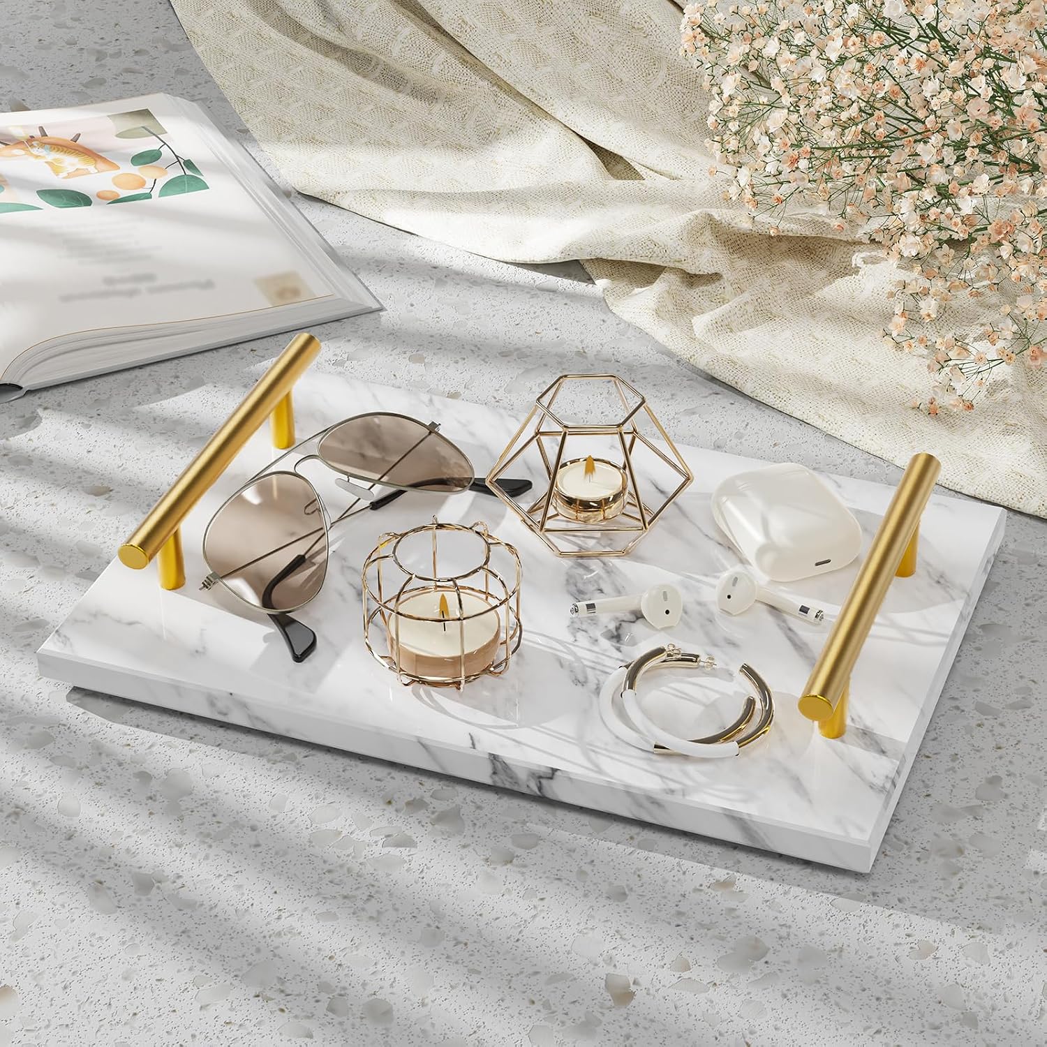 Decorative Marble Tray with Handles, 11.8x7.9x1.6 in, Carrara White image 2