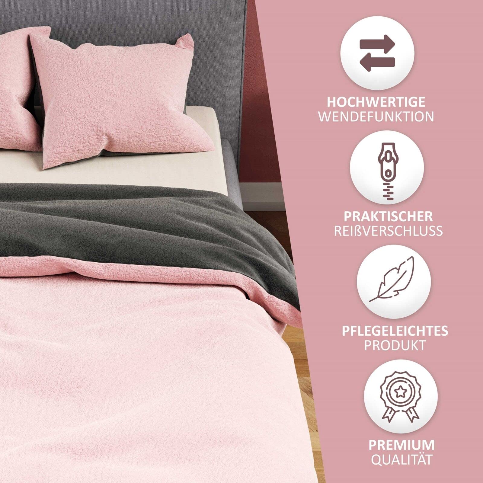 Leonado Vicenti Winter Plüsch Bettwäsche 240x220 cm Premium Cashmere Touch Warme Uni Fleece Bettwaren Bezug Anthrazit Rosa