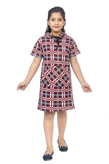 SOUNIK FASHION SDS Girls Cotton red Checked Printed Hoodie Regular fit Dress for dailywear, Casual, Office wear