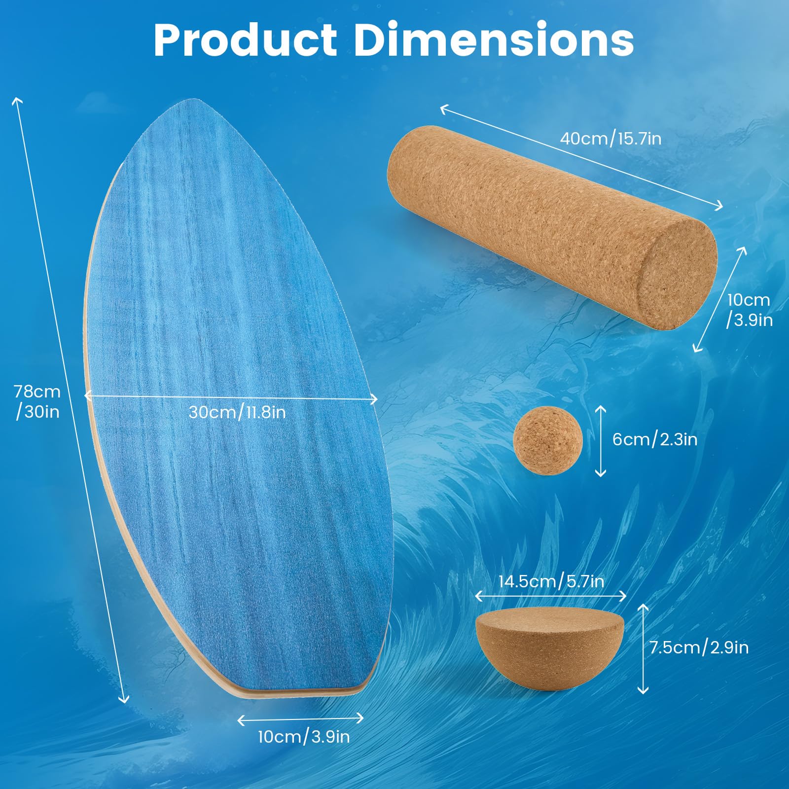 Surfin, Balance Board in legno con rullo, emisfero e palla di equilibrio, tavola da surf per interni e adulti