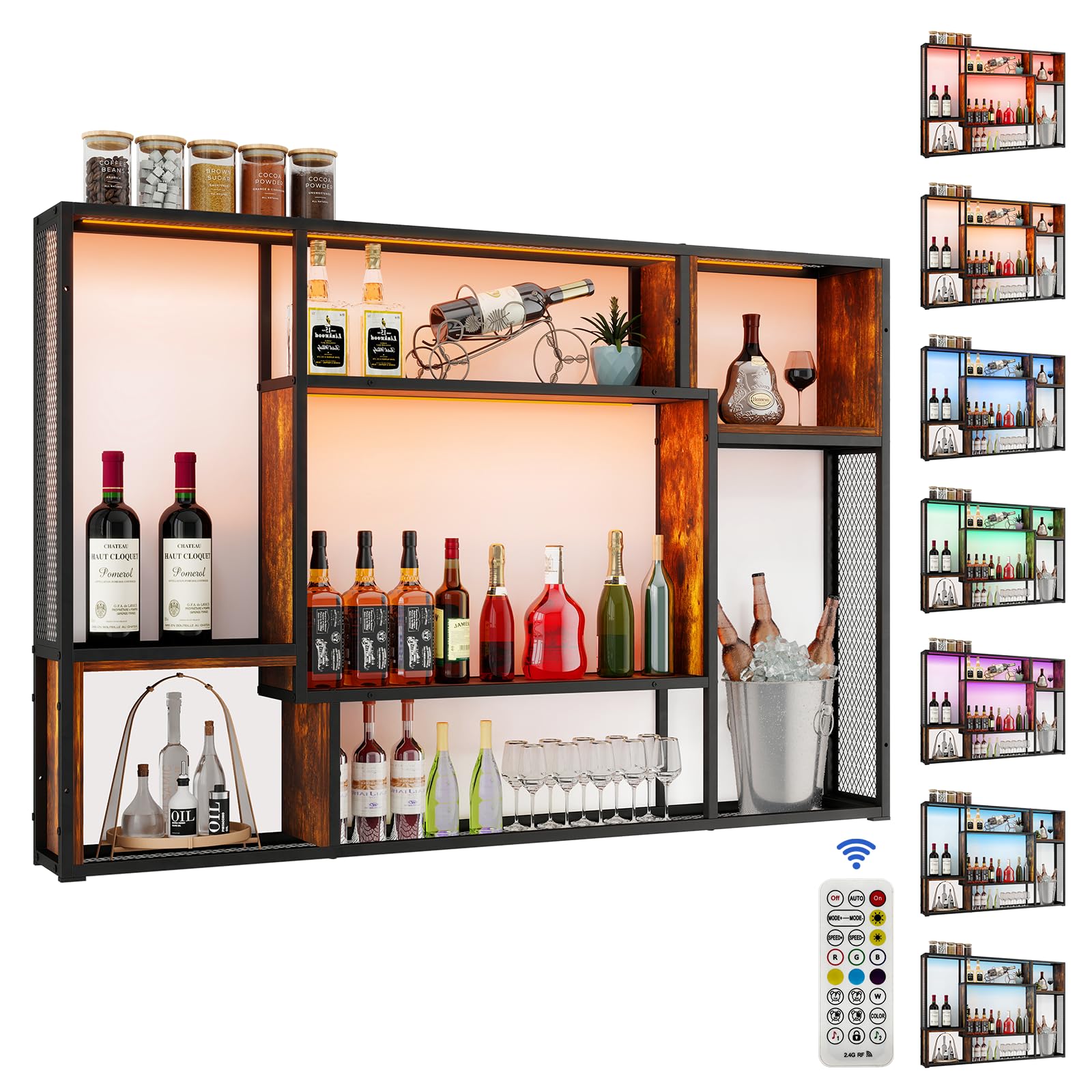 YOURLITE Weinregal Wand, mit LED-Beleuchtung Metall, Bar Regal mit LED-Licht, Wandmontage Wine Display-Ständer, 3 Ebenen Weinregal Metall, für Bars, Wohnzimmer, Küche, Restaurant, Schwarz