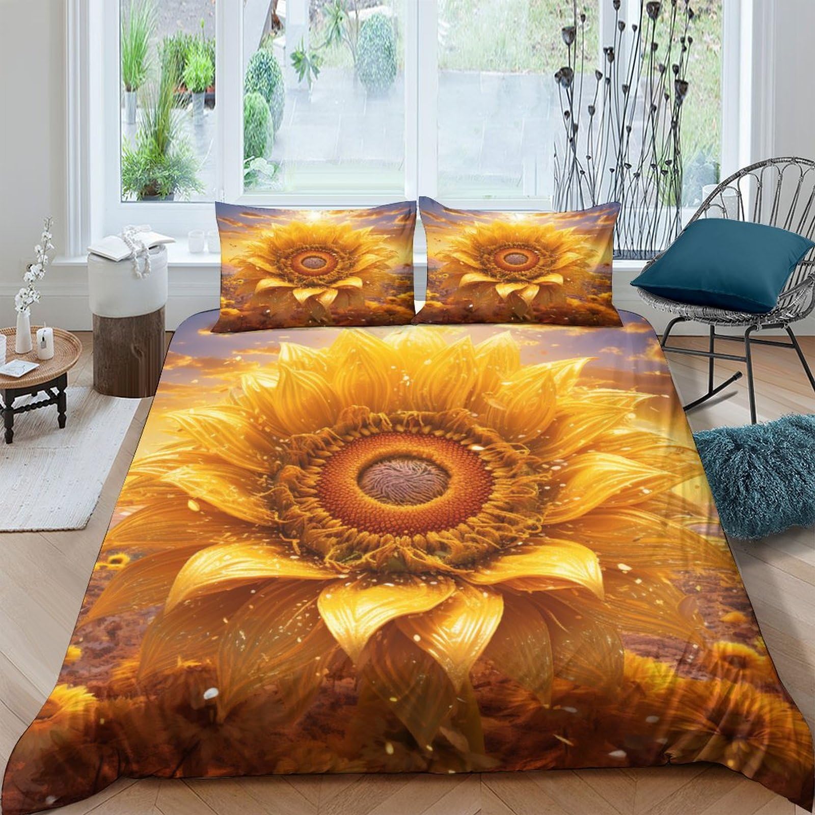 Parure de lit 220x240 élégante avec housse de couette tournesol haute densité