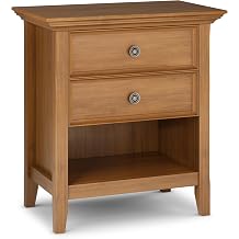 SIMPLIHOME Amherst Bedside Table - 24 inch Wide Solid Wood Nightstand in Light Golden Brown, Transitional Bedroom Side or End Table with 2 Drawers, Open Storage Shelf and Bronze Hardware
