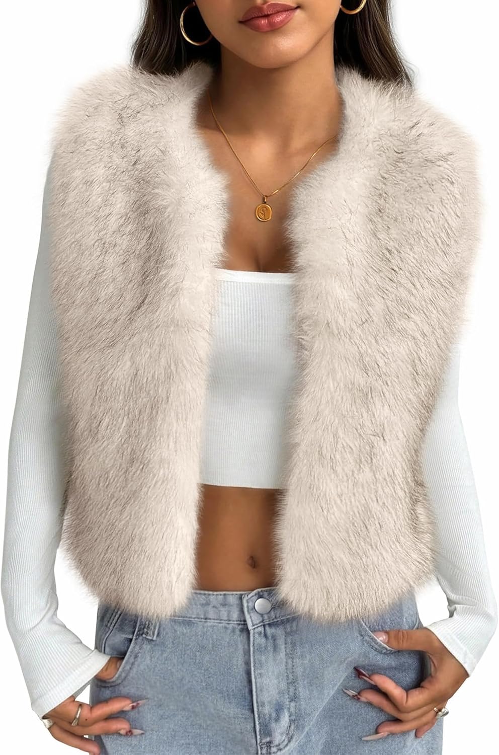 BTFBM Faux Fur Vest For Women 2025 Trendy Fall Sleeveless Cropped Fuzzy Jacket Fluffy Winter Coats Furry Vests Outerwear