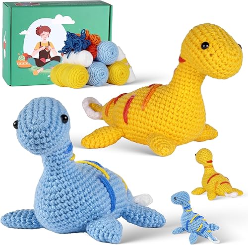 Kit de ganchillo para principiantes y adultos, paquete de 2 dinosaurios para cesta de Pascua, regalos esenciales para niños, manualidades, tejer,