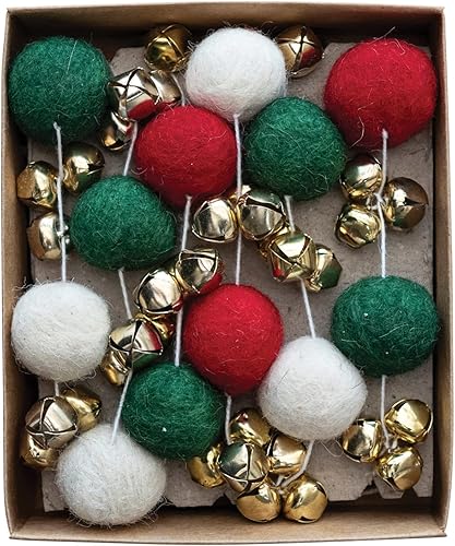 Miniatura 1 de Creative Co-Op Bola de fieltro de lana hecha a mano de 72 pulgadas de largo con cascabeles, rojo, verde, crema y guirnalda de acabado dorado