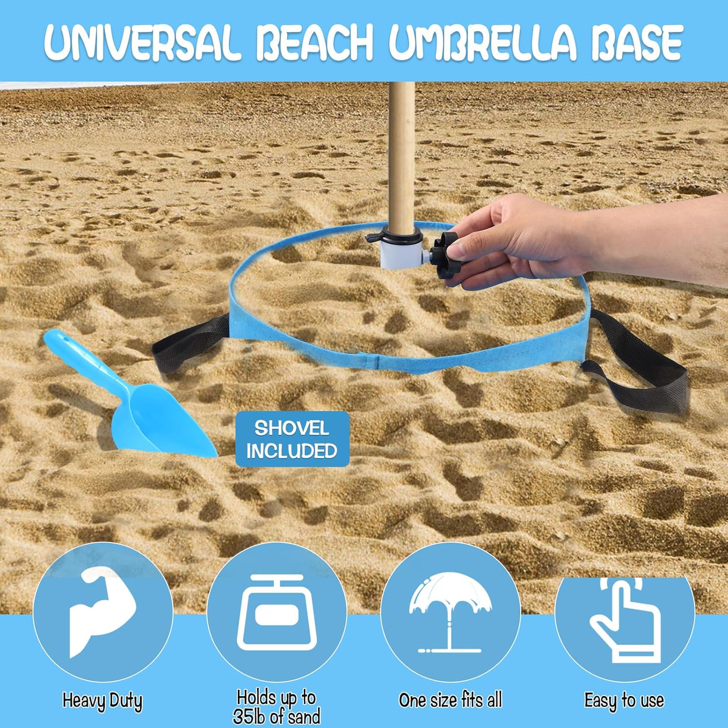 Beach Umbrella Base Weight Bag Hold up to 35 lb Sand, Thick Fillable Umbrella Sand Bags with Shovel Stainless Steel Beach Umbrella Base Sand Anchor Stand for Most Sun Umbrellas - Image 3