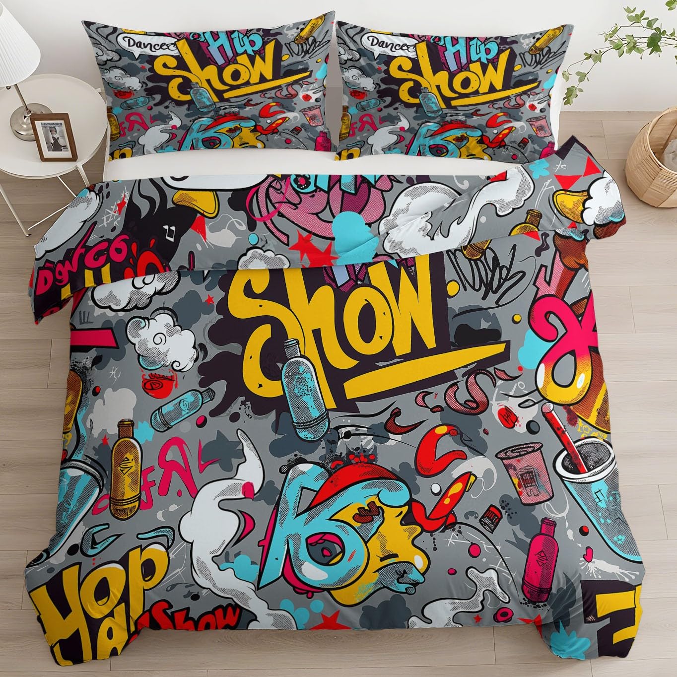 Funda Nórdica para Cama 90 Patrón Graffiti Hippie Hip Hop Cartoon, Set de 3 Piezas con Funda de 150 x 220 cm y 2 Fundas de Almohada 50x75 cm - Suave Ropa de 100% Microfibra Street Art