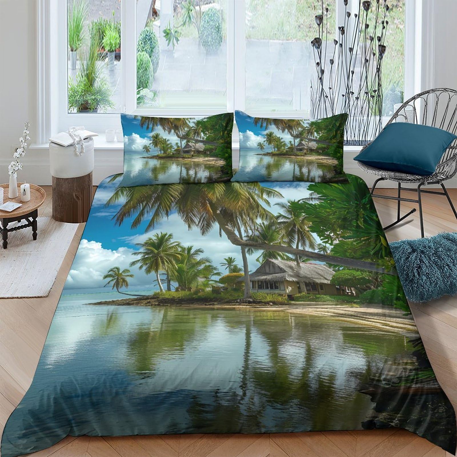 GPLZQXKJNH 3D Printed Tropical Beach Duvet Cover Microfiber Soft Palm Island Bedding Set with 2 Pillowcases for Bedroom Decor Single（135x200cm）