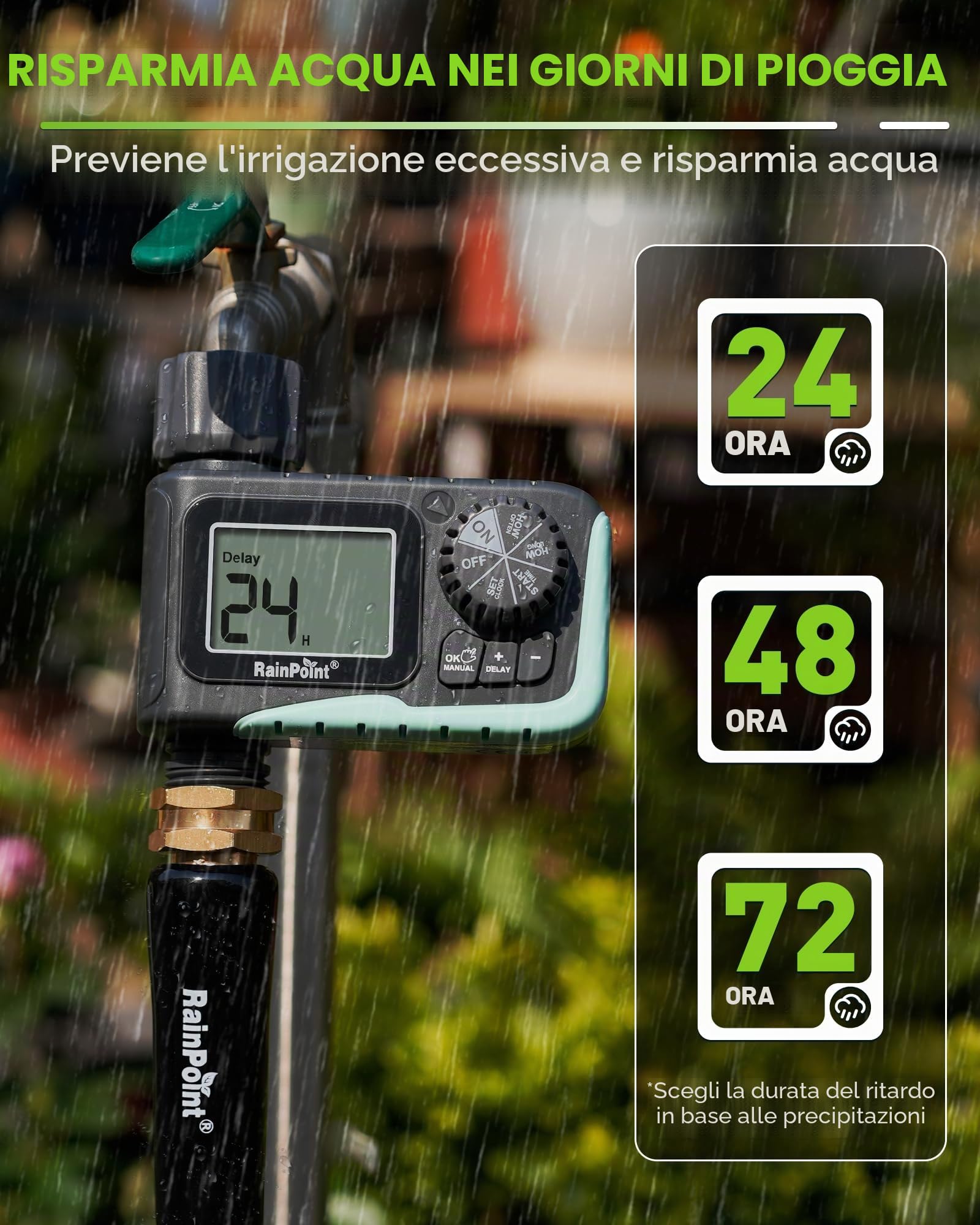 RAINPOINT Timer Irrigazione con Irrigazione Automatica, Programmatore Irrigazione con Ritardo Pioggia, Display LCD Centralina Irrigazione per Serra da Giardino Blu