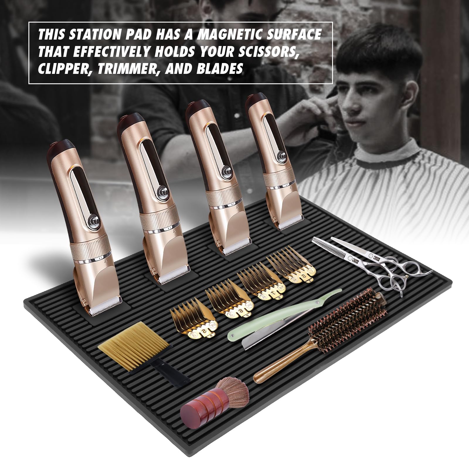 MoyRetty Magnetische Friseur-Stationsmatte für Schermaschinen, gestreifter rutschfester Organizer, professionelle Salon-Friseur-Arbeitsplatz-Pads, Schönheitssalon-Werkzeuge (48,3 x 33 cm, schwarz)