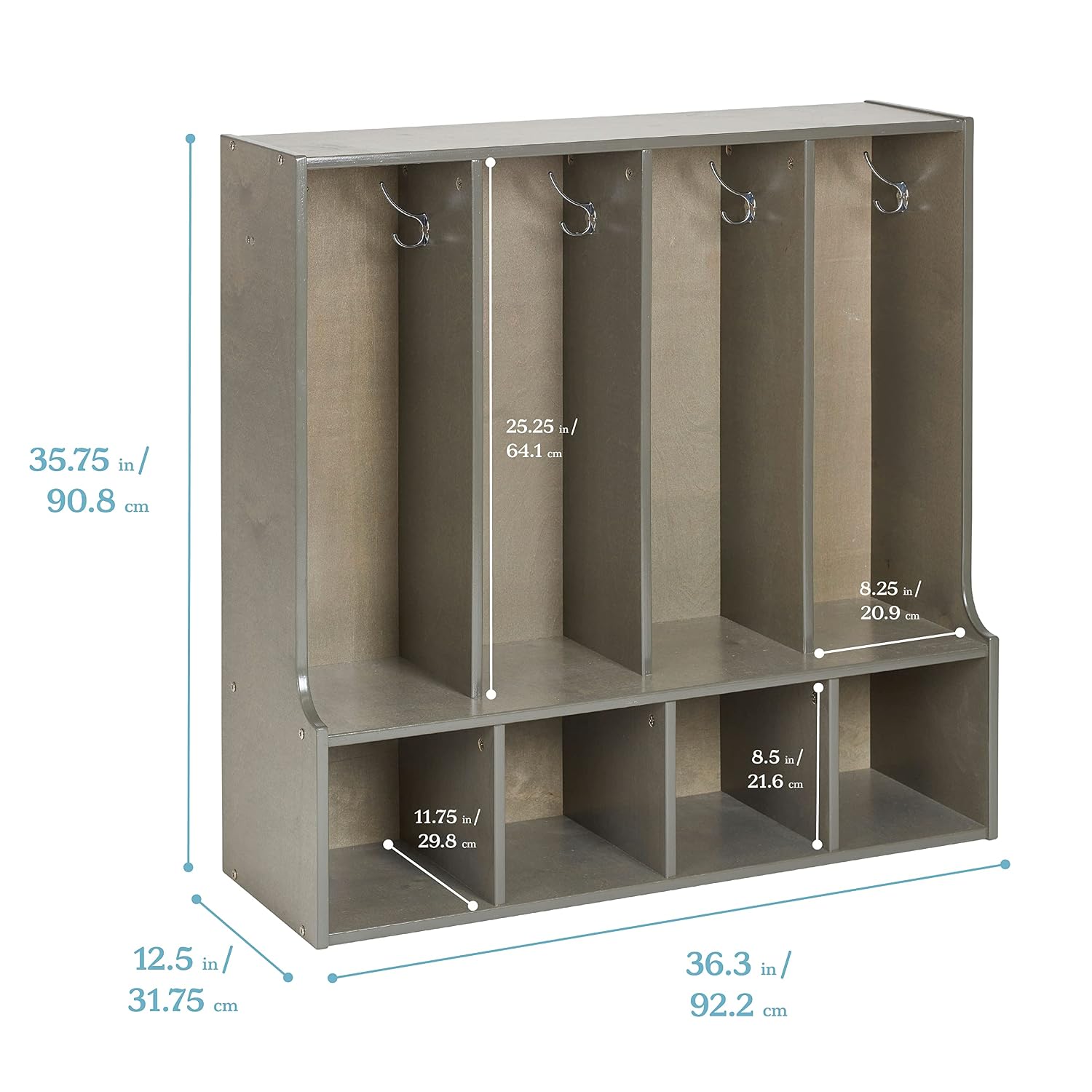 ECR4Kids Streamline 4-Section Toddler Coat Locker with Bench, Classroom Furniture, Grey Wash