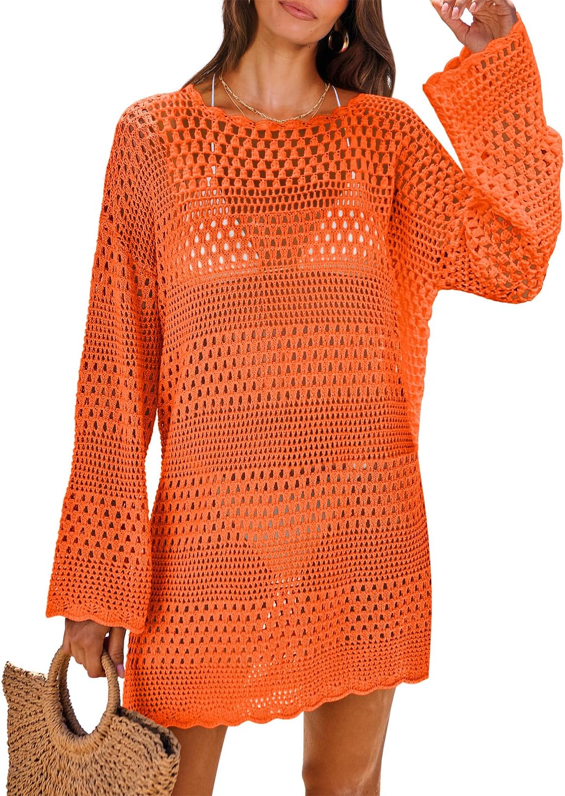 ANRABESS Women Swimsuit Crochet Swim Cover Up 2025 Summer Bathing Suit Swimwear Mesh Knit Beach Dress Vacation Outfits