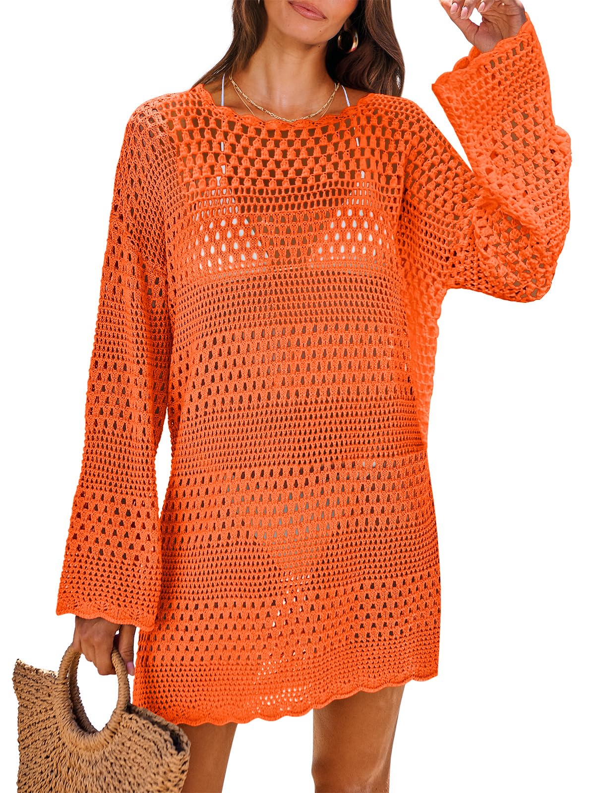 ANRABESS Women Swimsuit Crochet Swim Cover Up 2025 Summer Bathing Suit Swimwear Mesh Knit Beach Dress Vacation Outfits