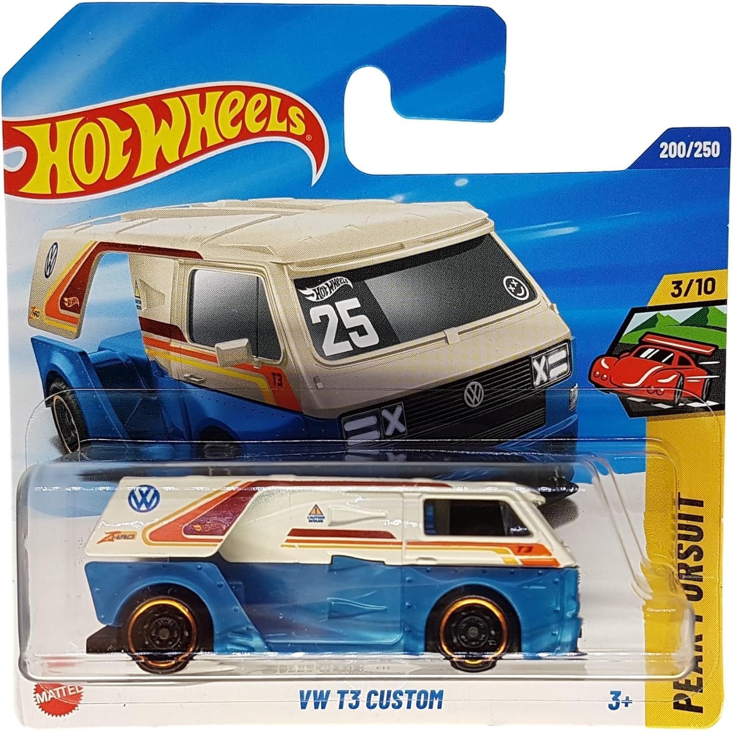 Hot Wheels VW T3 Custom JBB21 Peak Pursuit 3/10 Short Card Volkswagen Bus White Blue Red VW Licence Mattel 2025 1:64