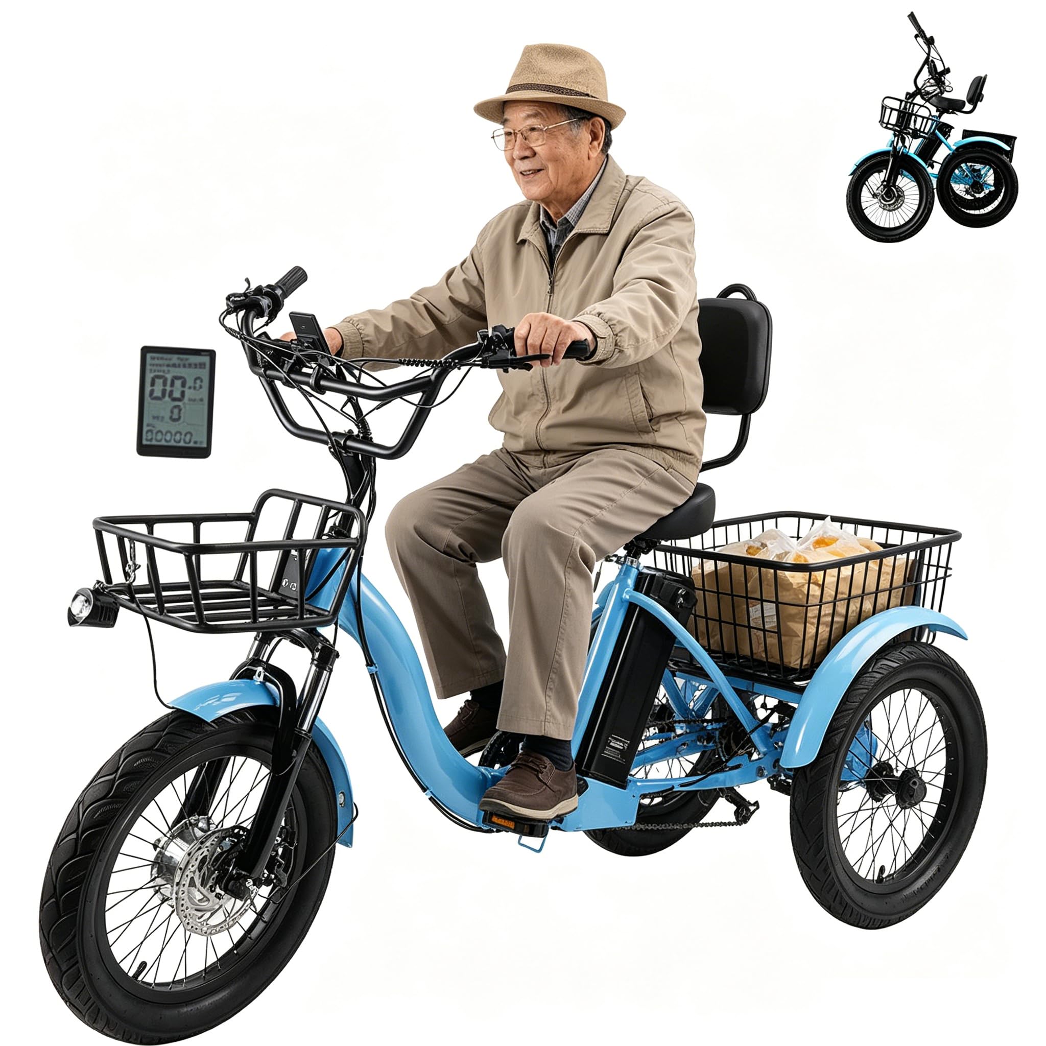 YMLUKzun 18" Foldable Pedal Tricycle Adult 7-Speed 48V 13Ah Fat Wheel E Trike Electric Bike with Cargo Basket, Elderly Friendly, Easy Climbing, Step-Thru, Comfortable Rides, Mileage: 44km Blue