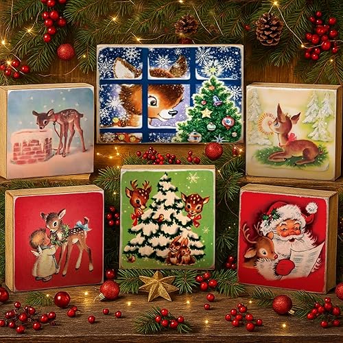 Roowest Paquete de 6 letreros de madera de reno vintage, decoración de mesa de Navidad, placa cuadrada de madera de reno, centro de mesa para colgar