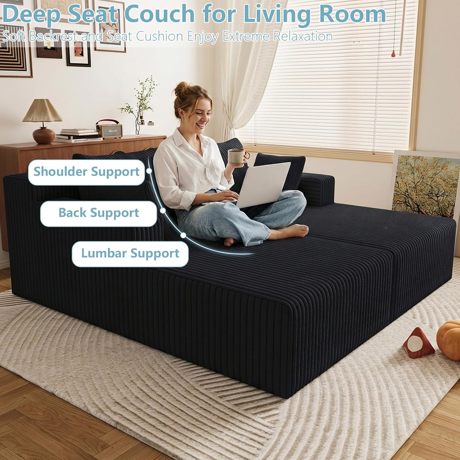 71"Oversized Chaise Lounge Chair,Sectional Double Lounge Chaise with Pillows, Upholstered Corduroy Boneless Lounge Chair, Fluffy Modern Loveseat Sleeper Sofa for Living Room or Bedroom (Black)