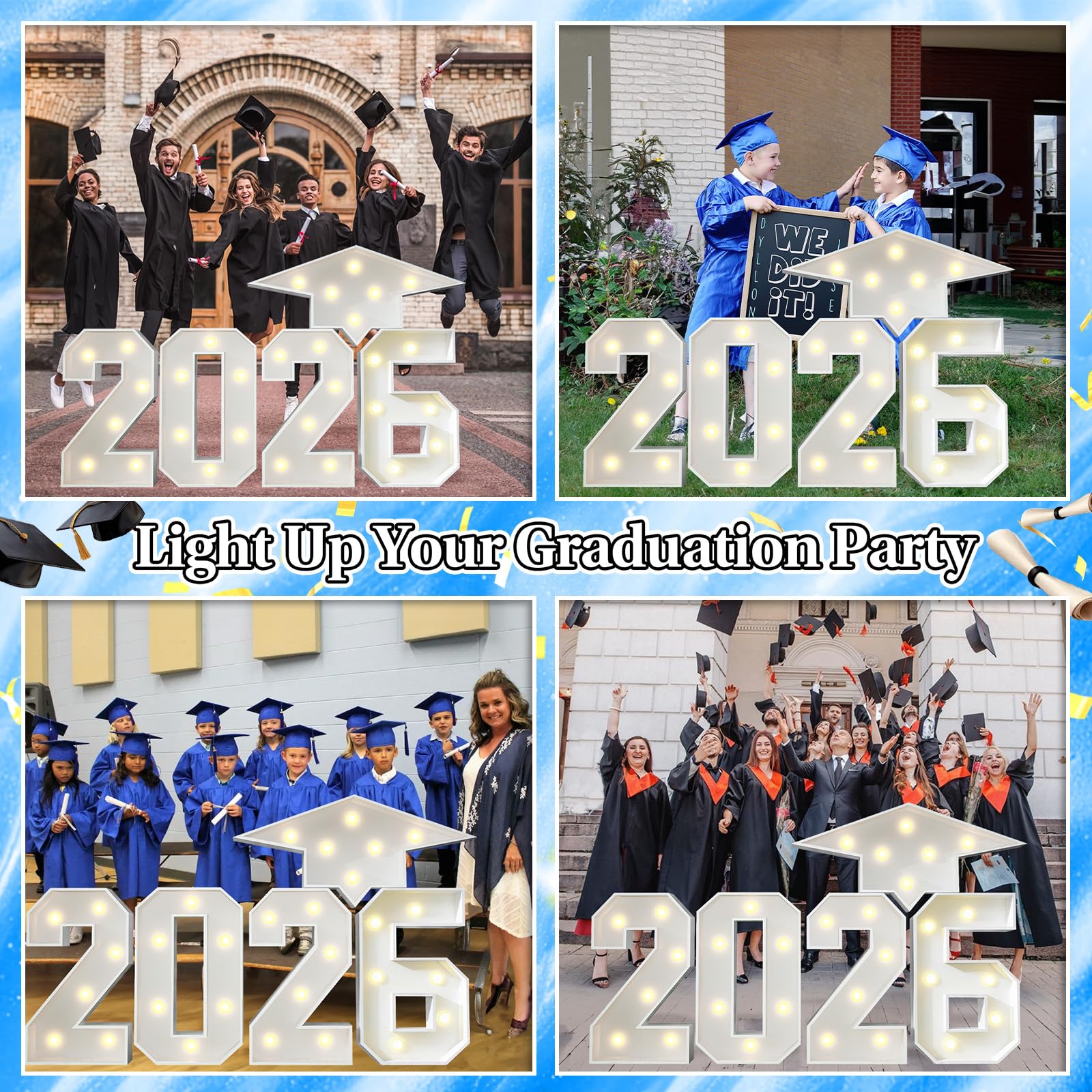Marquesina de números iluminados 2026 de 3 pies para decoraciones de graduación con gorra de graduación, número de mosaico grande blanco con luces, marco de cartón precortado para fiesta de graduación