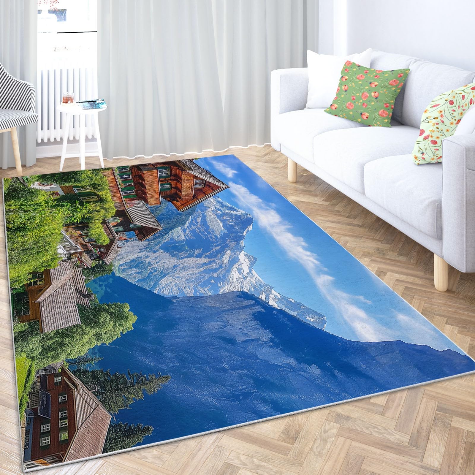 MontañA De Nieve Alfombra 80 x 150 cm Chalet Alpino Alfombra Pelo Corto Niño Niña, Pasillera, Cocina, Interior/Exterior, Antideslizantes, Franela Alfombras de Decoración