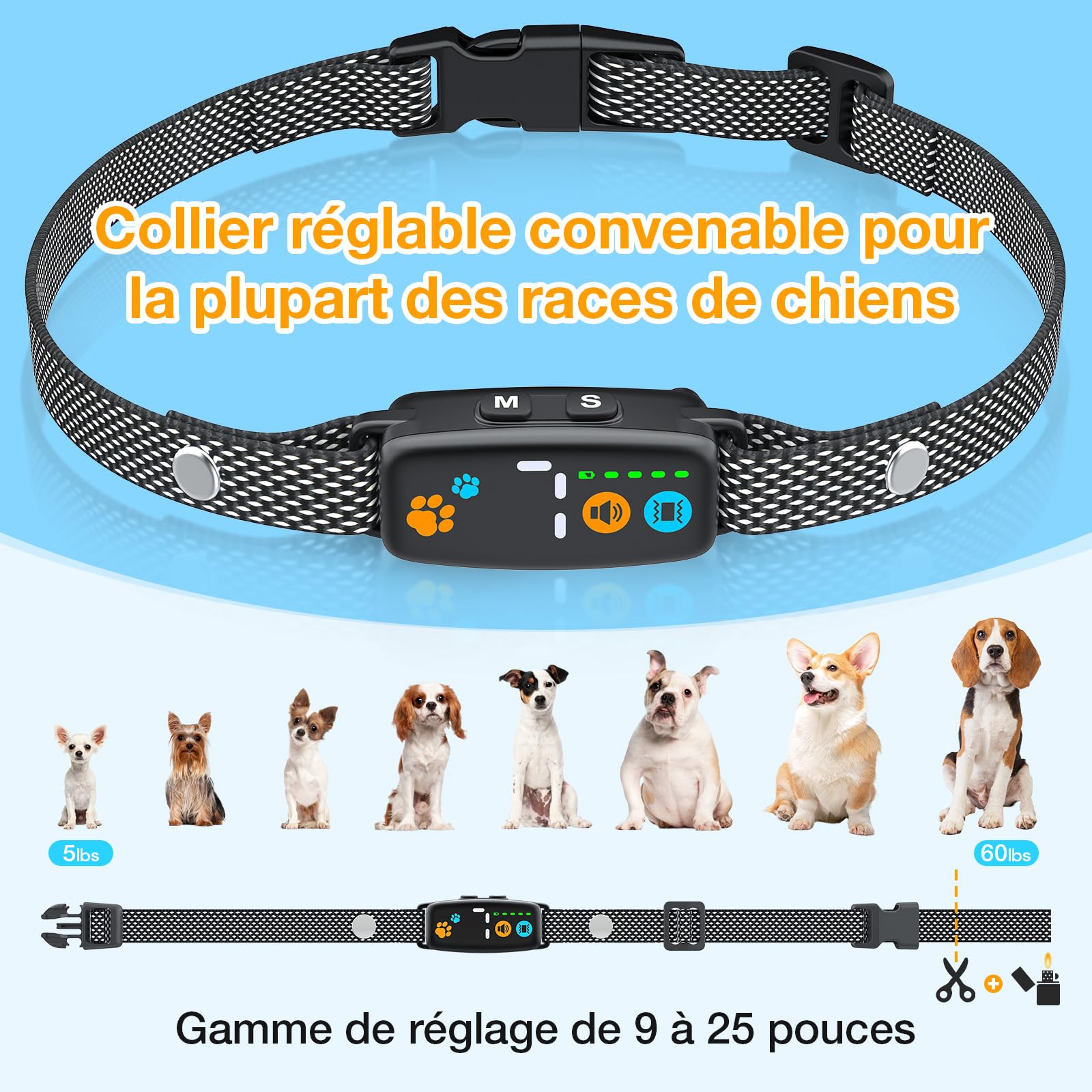 Collar Antiladridos Perros Pequeños Recargable, Súper Fino y Ligero, 3 Modos y 7 Niveles de Sensibilidad, Detección Inteligente de Ladridos, Impermeable IP67 para Perros Pequeños