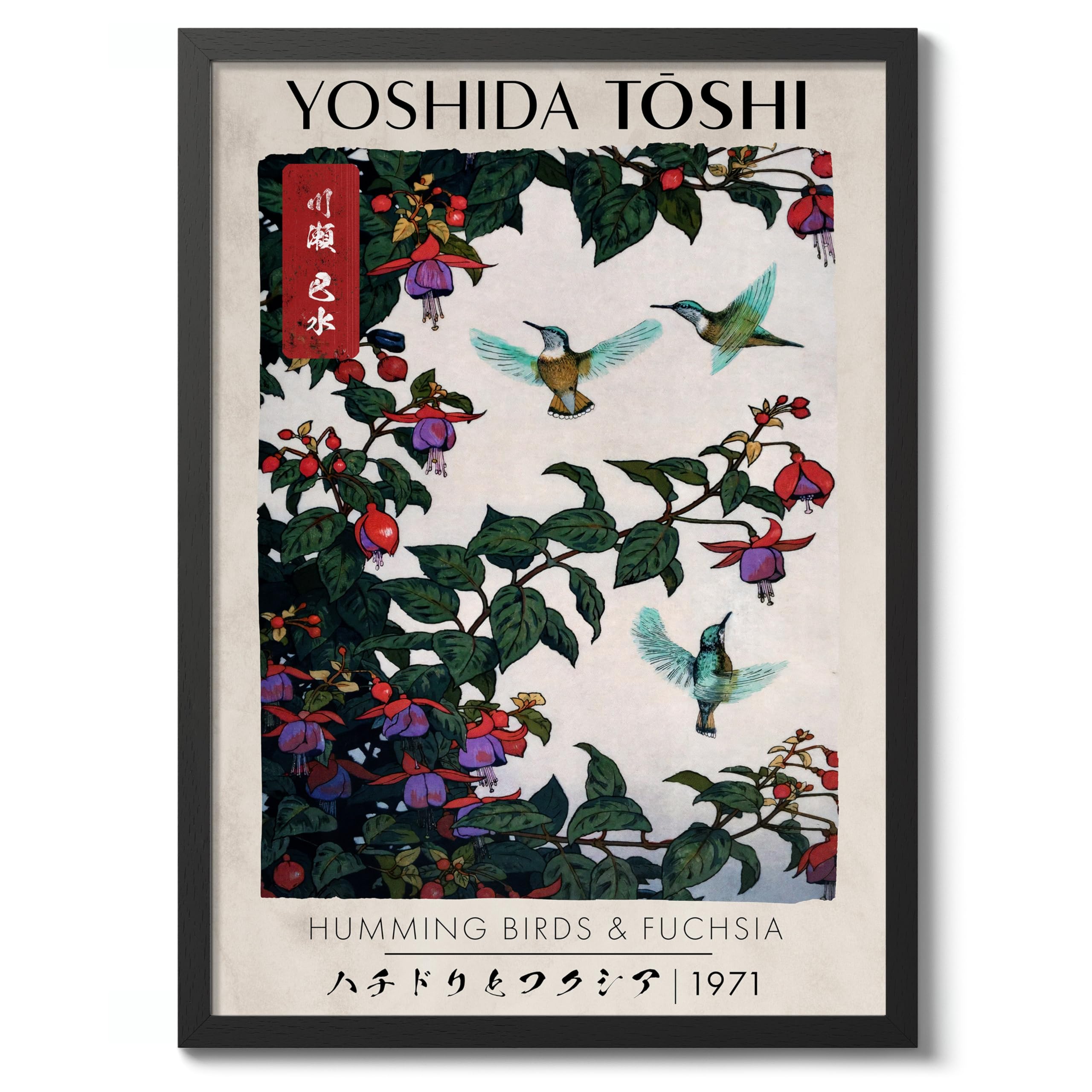 Animato Hummingbirds & Fuchsia Japanese Woodblock Print, Modern Poster Japan Wall Art Exhibition Ukiyo-E Home Decor, Archival Matte, 50x70cm (Black Frame) - 50x70cm