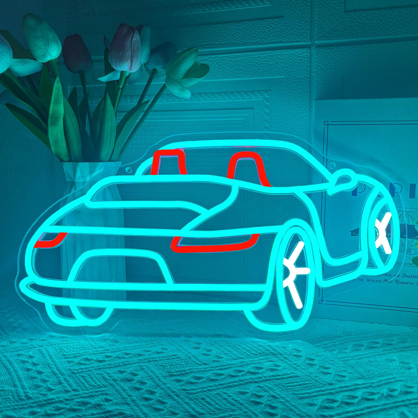 Sports Car Neon Sign, Vintage Convertible Retro Car LED Neon Light, Ice Blue Red Car Wall Art Decor, USB Dimmable Neon Sign for Man Cave Garage Game Room Bar Car Enthusiast Gift