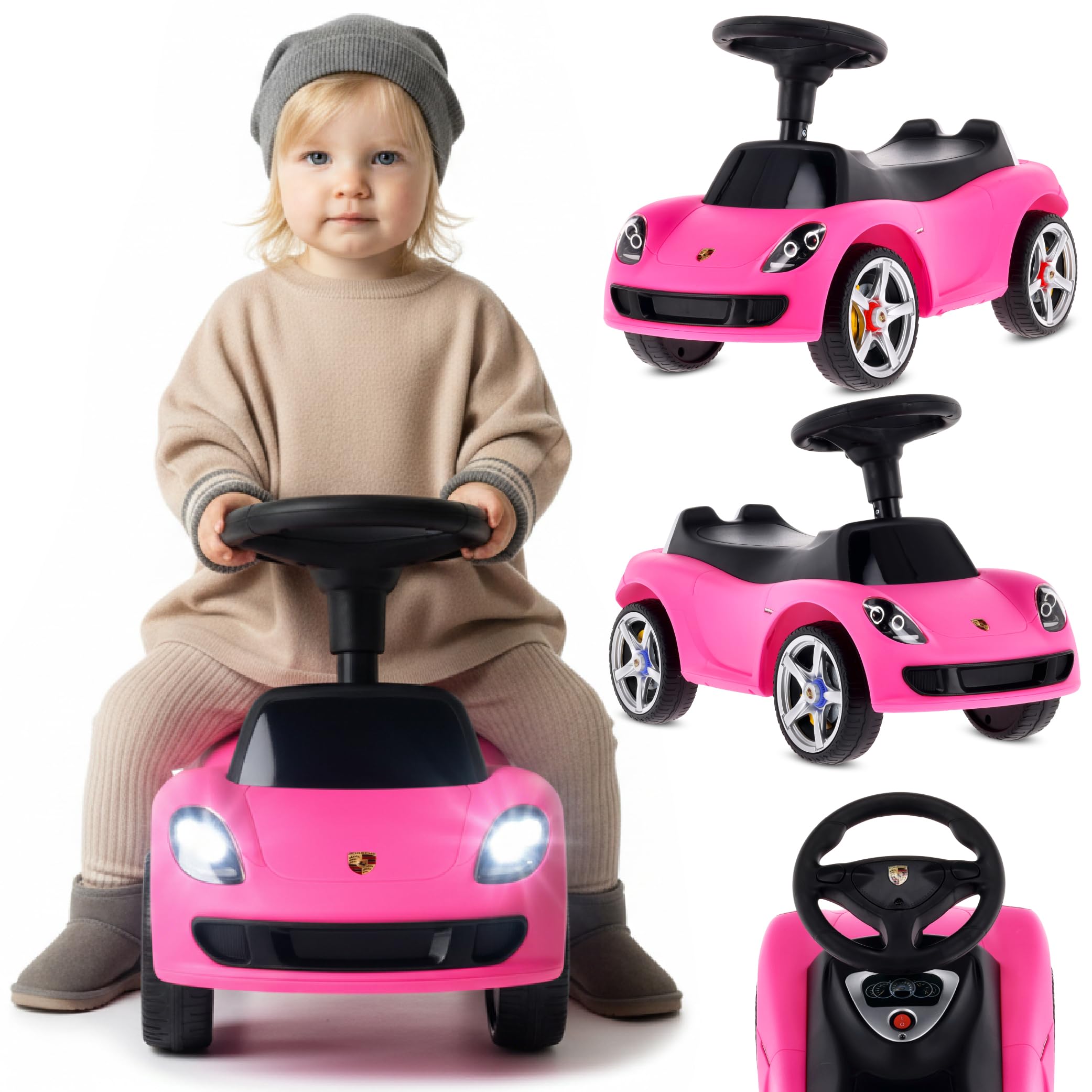 sun baby Rutschauto ab 18 Monaten – Porsche Carrera GT – Lenkrad mit Knöpfen, Scheinwerfer, realistische Aufkleber, bis 30 kg, Rosa