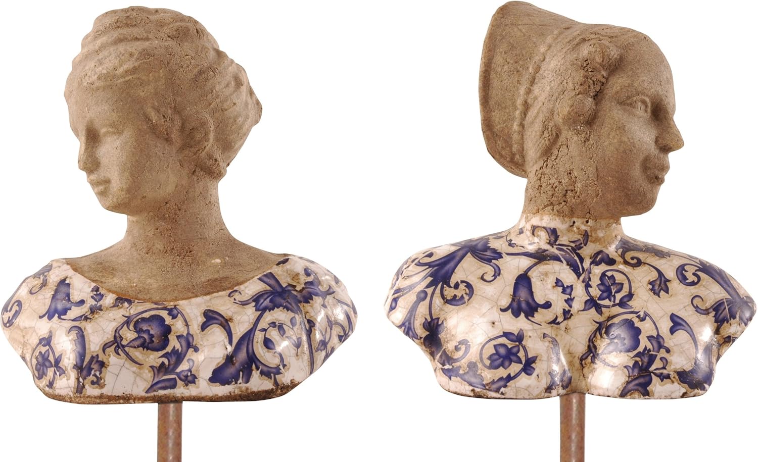 Esschert Design AC81S Large Aged Ceramic Bust with Garden Stakes in Spring Time, Blue and White, Set of 2