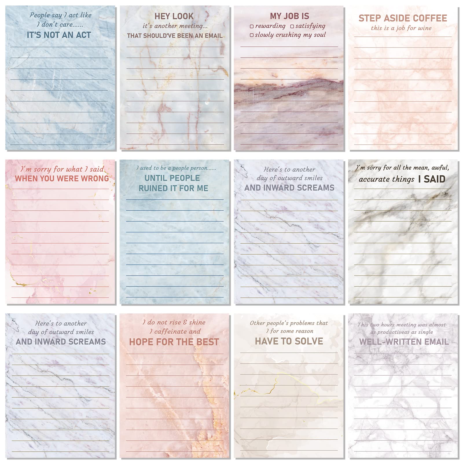 Funny Notepads with Sayings Sticky Funny Office Supplies to Do List Sarcastic Work Assorted Notepad for Workers, 12 Designs, 3 x 3.93 Inch(Marble Style)