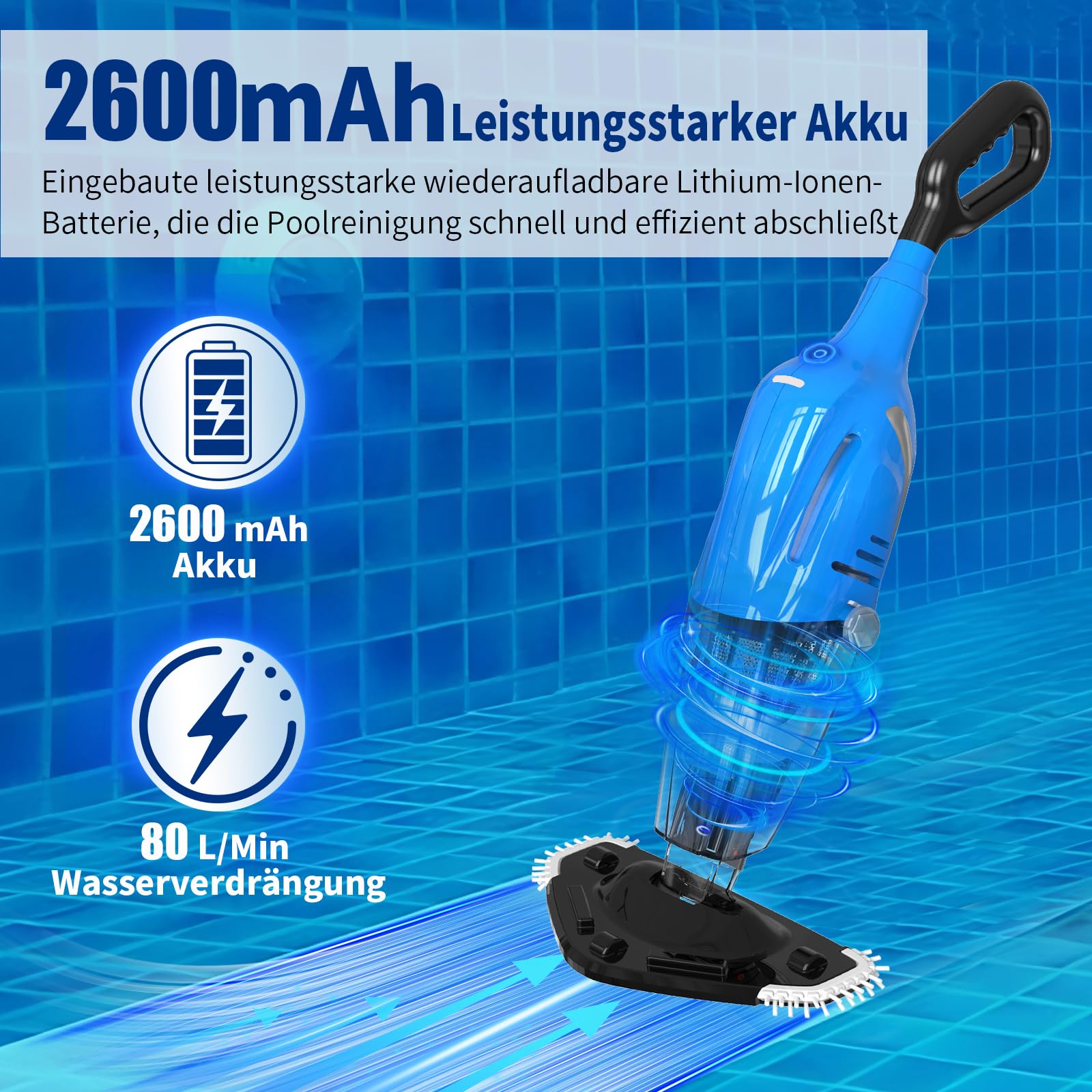 2026 Poolsauger mit Akku, Pool Bodensauger Handsauger Kabellos, 60 Minuten Laufzeit Elektrisch Pool Staubsauger mit Teleskopstange, Poolreiniger für Spas, Whirlpools, Pools, Blau