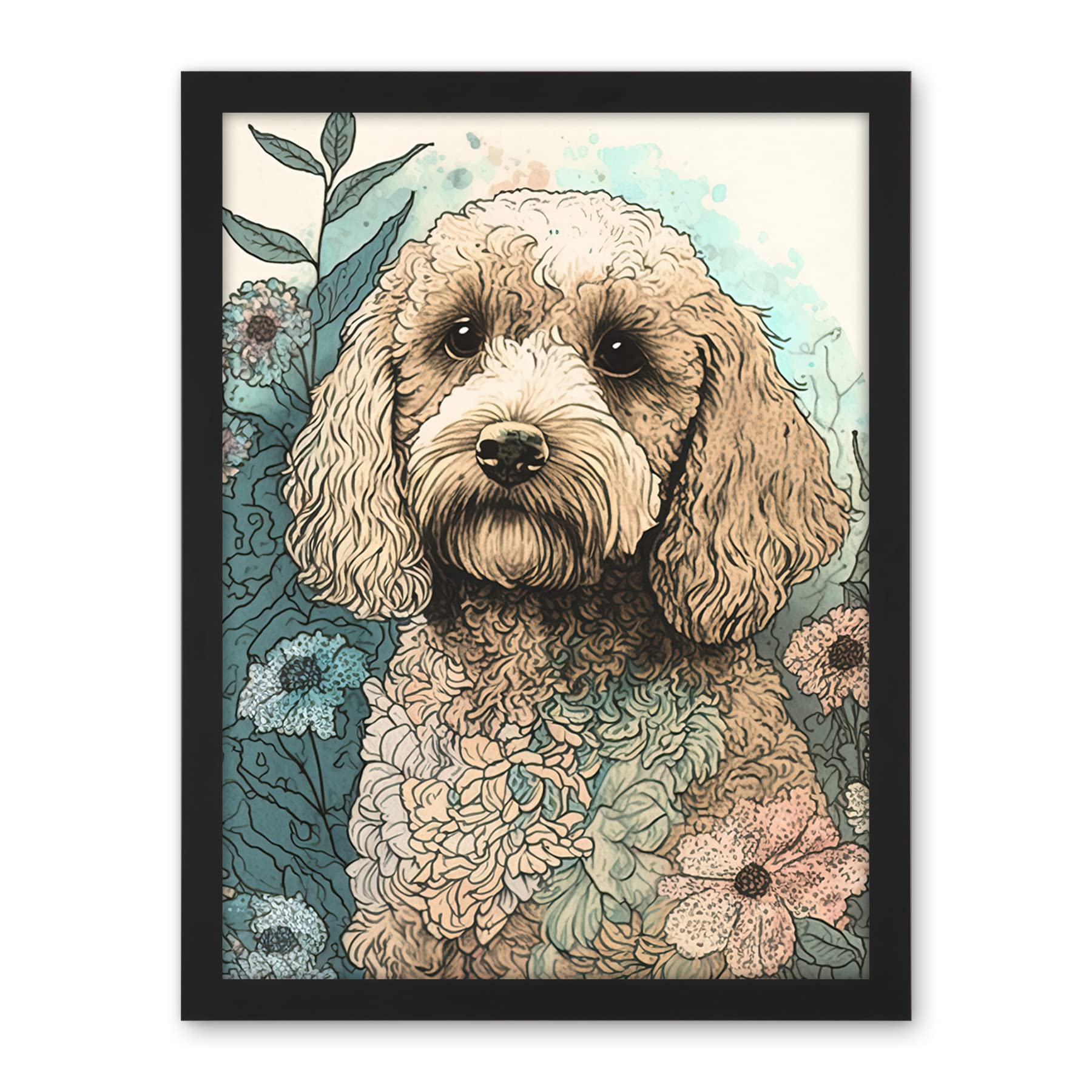 Artery8 Cockapoo Dog in Wildflower Field Pastel Watercolour Illustration Artwork Framed Wall Art Print 18X24 Inch