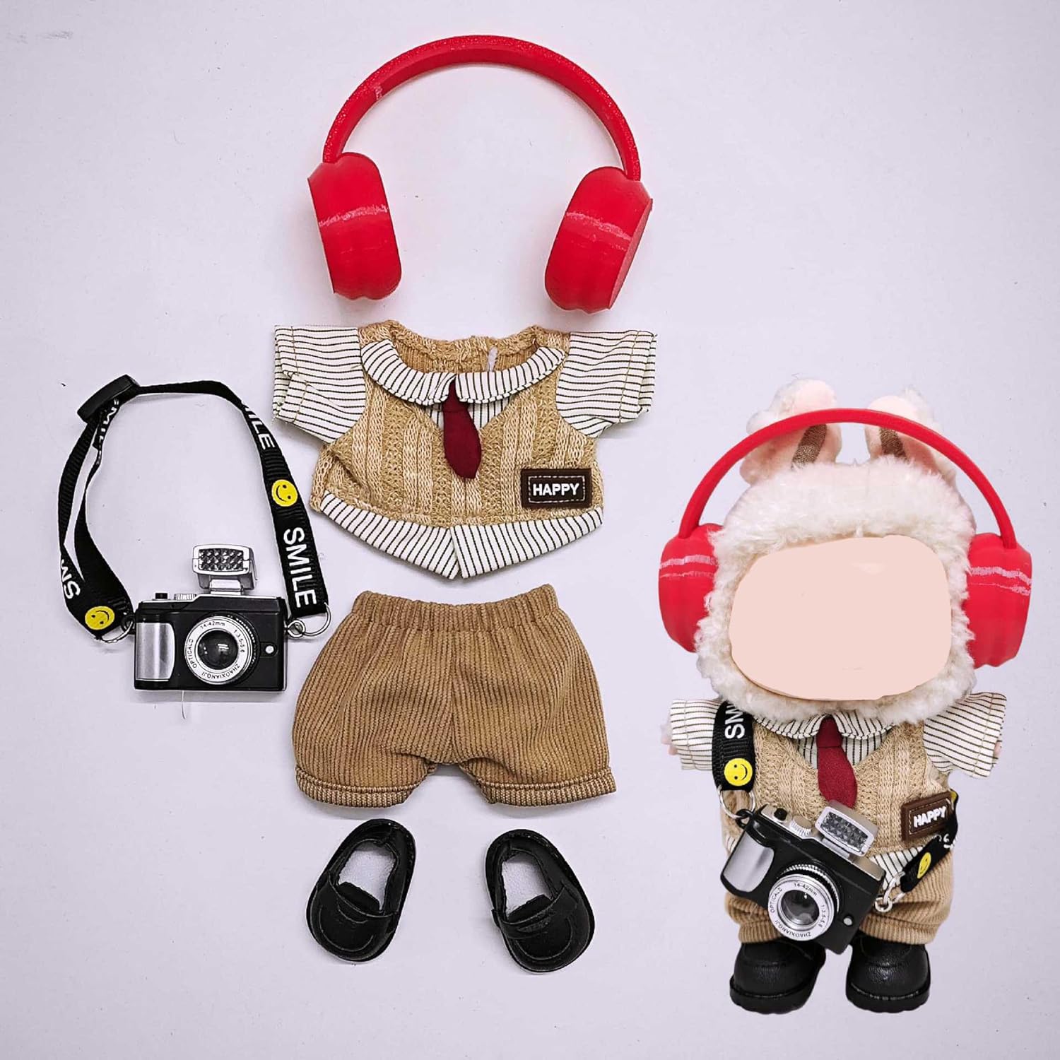 17cm Cute Monster Doll Clothes Set - Fantasy Elf Outfits for 6.7" Vinyl Dolls, Rainbow & Sitting Party Style, Kawaii Overalls + Top (Clothes+Headphones+Camera+Shoes)