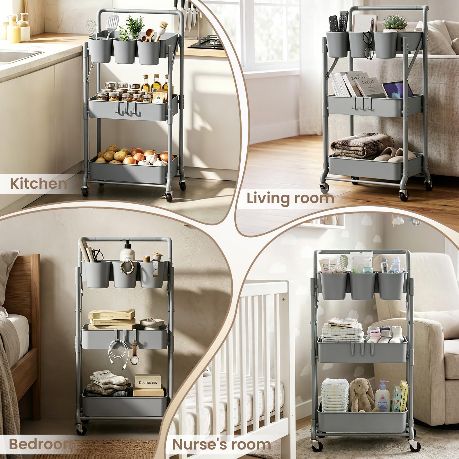 Plegable Carrito Auxiliar con Ruedas 3 Niveles ExtraíBle Estrecho Carro de Almacenamiento para Cocina Baño Jardin (Gris)