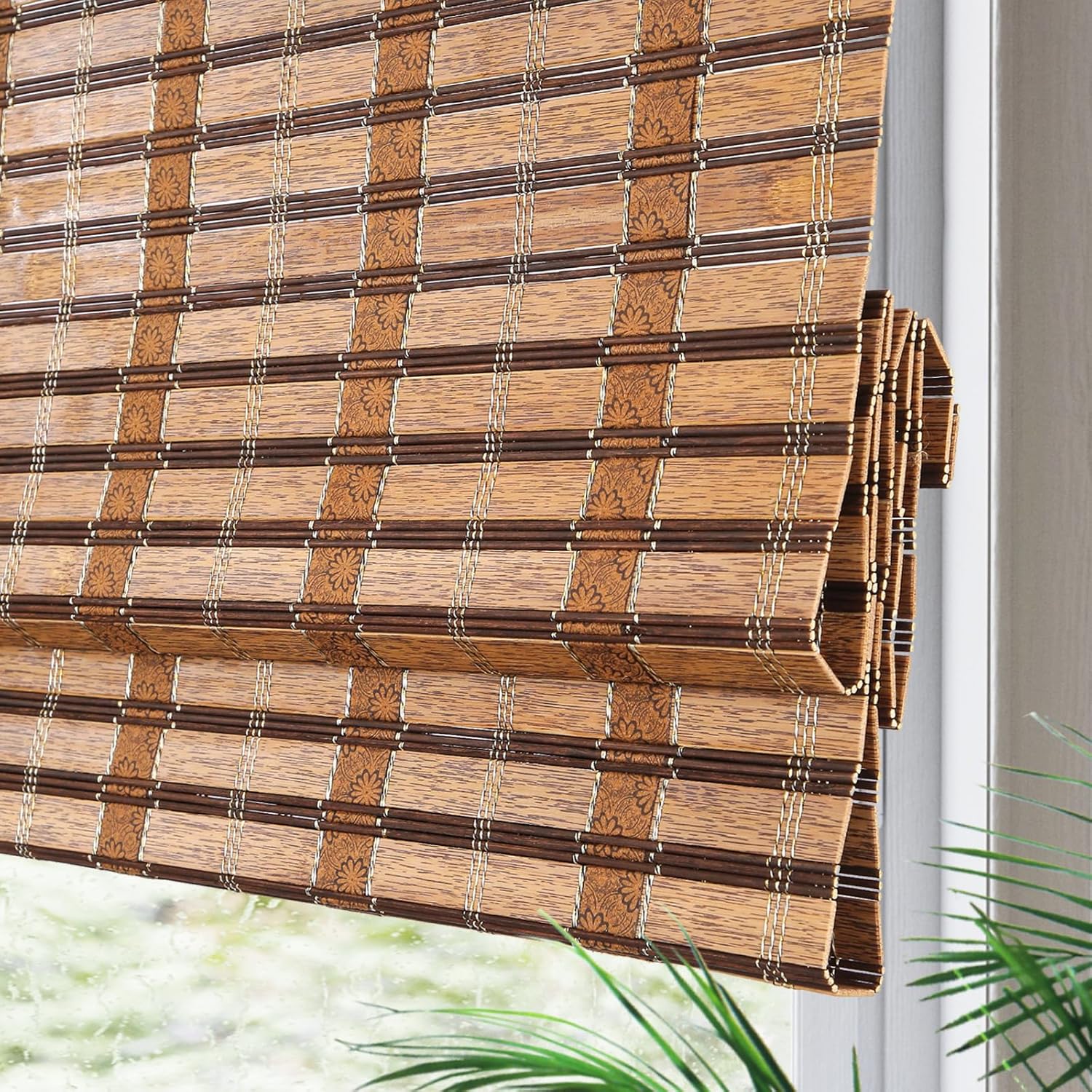 Cordless Blackout Bamboo Roman Shades, Outdoor Natural Woven Wood Shades with 6
