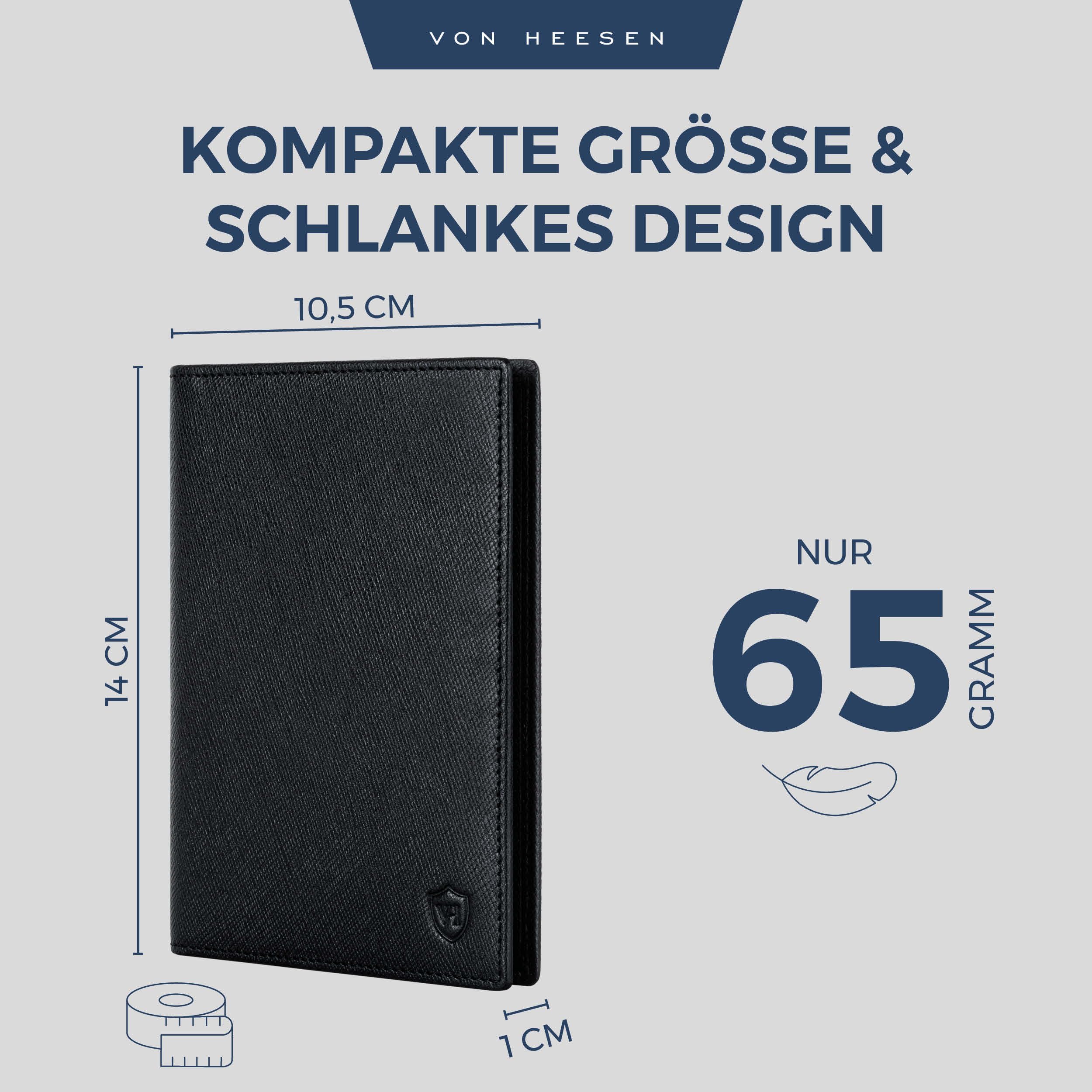 VON HEESEN Funda de piel para pasaporte con protección RFID para hombre y mujer, Negro Saffiano, Retrato