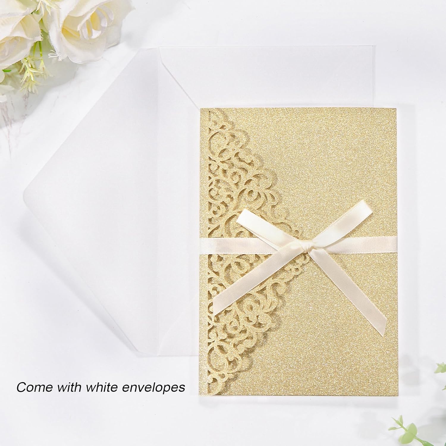 Gold Glitter Wedding Invitations Laser Cut, Blank Invitation Cards and RSVP Cards, with Ribbons Envelopes for Bridal Shower Engagement Birthday Quinceanera Party Invite, 25 PCS