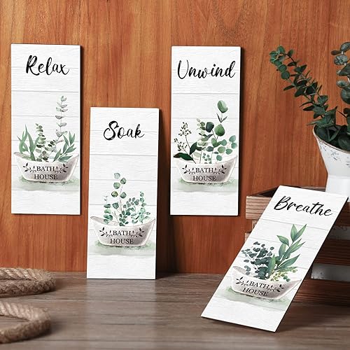 Miniatura 3 de Tatuo 4 piezas de decoración de pared de baño verde Relax Soak Unwind Breathe Farmhouse - Letrero de pared de baño de madera verde botánico colgante