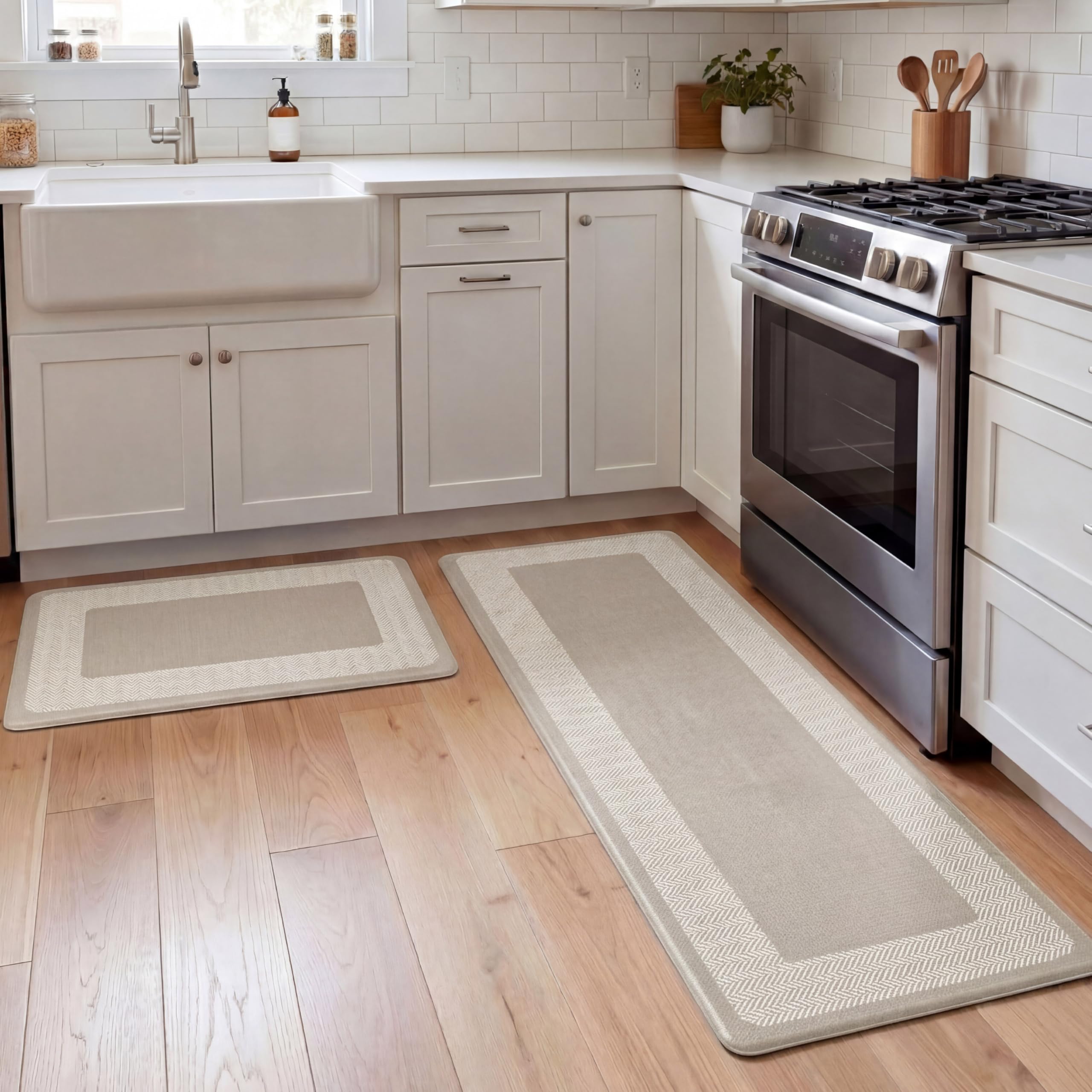 Chef Gear Hettie Anti Fatigue Cushioned 2pc Set Kitchen Mat 18"x60" & 18"x28" Beige