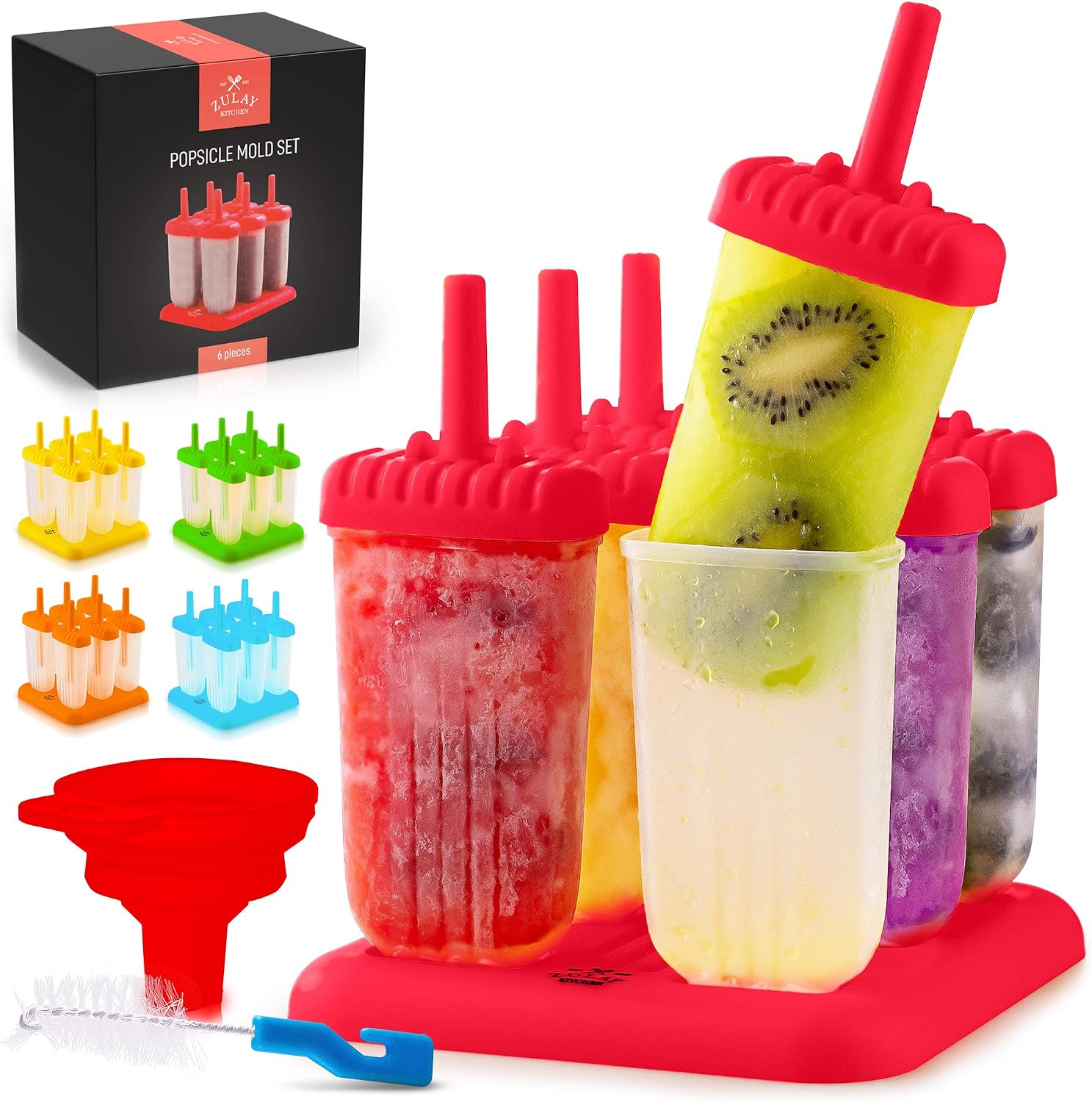 Zulay Kitchen Popsicle Molds with Sticks - 6-Piece BPA Free Reusable Popsicle and Ice Pop Molds with Drip Guard - Easy Release Ice Popsicle Maker Mold Set with Tray, Funnel & Brush (Red)